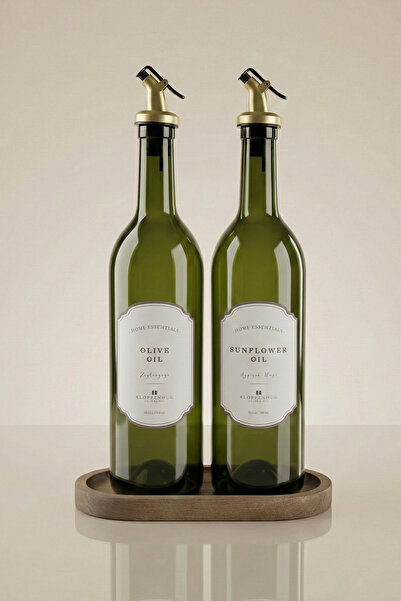 Kloppenhug Ahşap stantlı 2'li Cam Yağdanlık Seti 750ml - Zeytinyağı Ayçiçek Y...