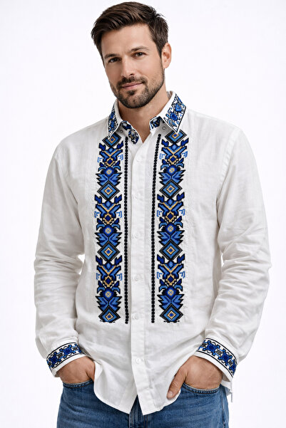 Nobrand Traditional men's white shirt with blue-black embroidery - authentic ...