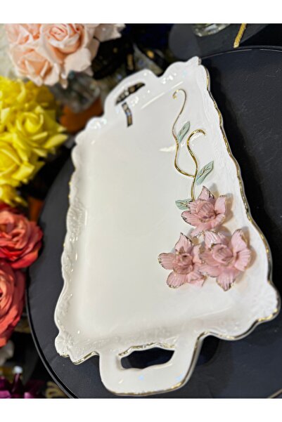hediye Esterhomedecor Embossed Floral Porcelain Serving Tray