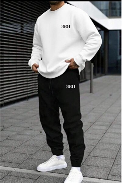 NO 601 Men's White Crew Neck Sweat Black Sweatpants No601 Printed Set