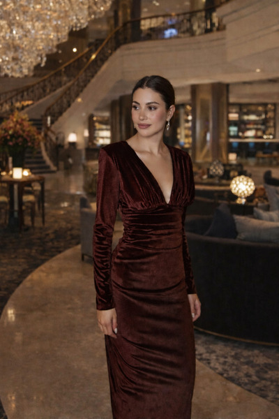 Nika Fashion Kadın Bordo Kadife Dik Yaka Vatkalı Midi Elbise