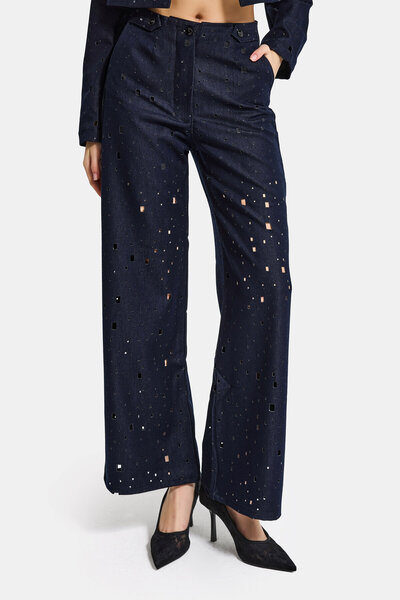 it's basic Women's Navy Blue S6-56 Wide Leg Special Design Perforated Denim J...