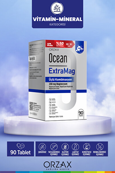 Ocean ExtraMag Üçlü Kombinasyon Magnezyum 200 mg Takviye Edici Gıda 90 Tablet