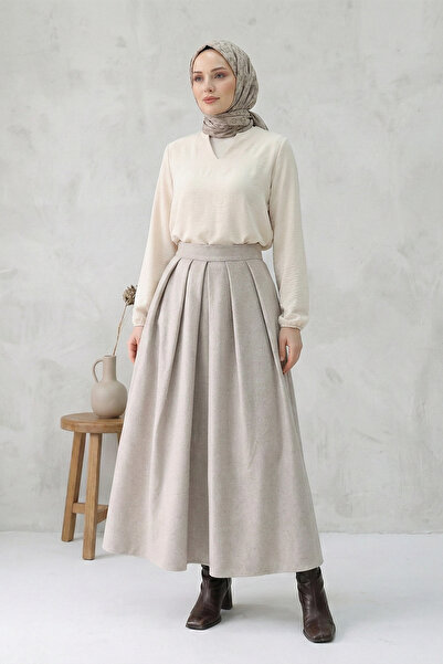 FERHEL Women's Pleated Hijab Skirt with Zipper Pockets - Stone