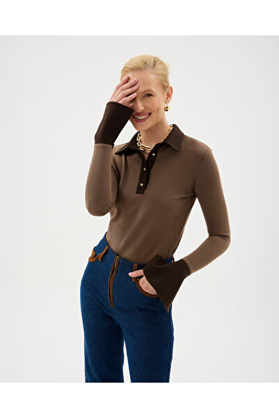 BASAKLA OFFICIAL Kadın Polo Yaka Düğmeli Regular Fit Bej-Kahve Kazak Bluz