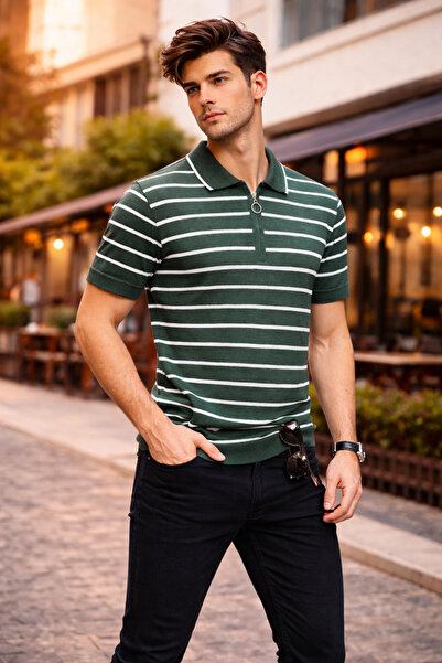 WE&ME Men's Striped Thin Knitwear Polo Collar Half Zipper Short Sleeve Stylis...