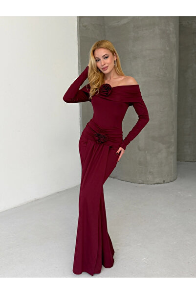 Cool & Sexy Modal Fabric Lycra Maxi Dress with Floral Accessories in Burgundy