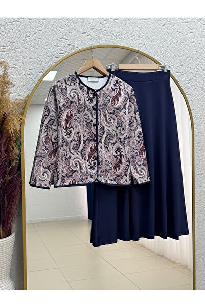 MİHRA STORE Sürhan Jacket Ethnic Patterned Skirted Skuba Set-Mf247 Navy Blue