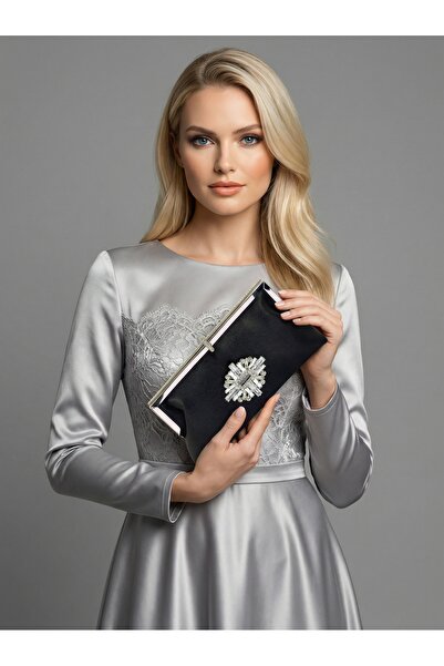 Wedding Fashion Black Color Satin Soft Leather Metal Stone Pearl Detailed Cha...