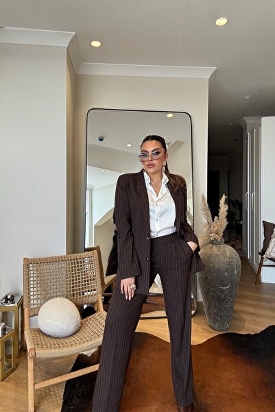 Sohotique By P Striped Woven Fabric Metal Button Suit Bitter Brown