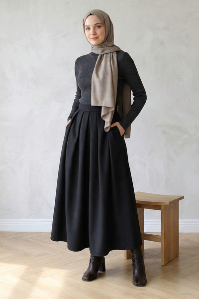 FERHEL Women's Pleated Hijab Skirt with Zipper Pockets - Black