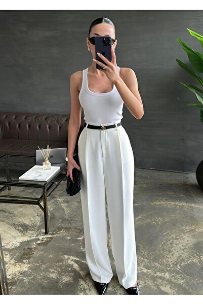 solena sln Pantaloni albi Palazzo din țesătură cu talie înaltă pentru femei -...