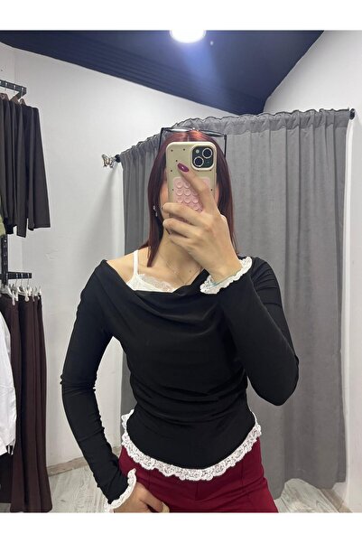 Store Siyah Dan tel Detaylı Degaje Yaka Kadın Bluz