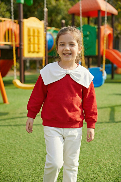 çatı moda Kız Çocuk Kırmızı Fiyonk Detaylı Sweatshirt