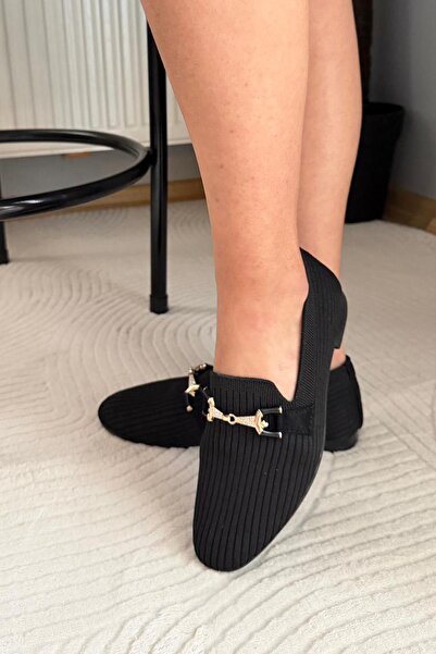 Preshley Women's Pole Black Knitwear Buckle Ballerina Shoes