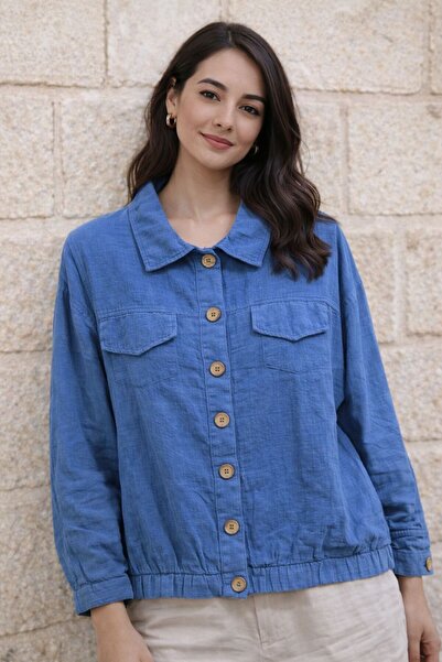 AGORATEKSTİL Women's 100% Cotton Fabric Shirt with Cuffed Sleeves