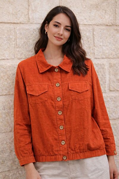 AGORATEKSTİL Women's 100% Cotton Fabric Shirt with Cuffed Sleeves