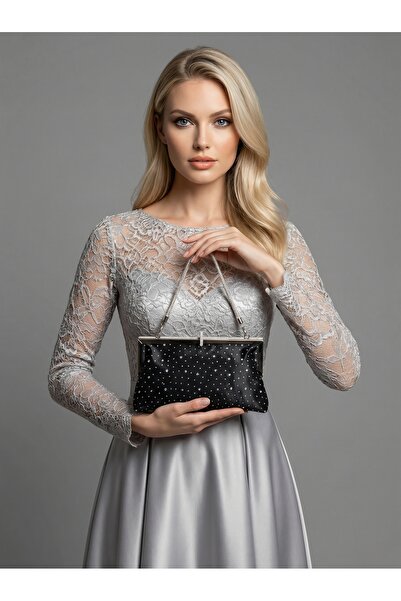 Wedding Fashion Black Color Satin Soft Leather Metal Stone Pearl Detailed Cha...