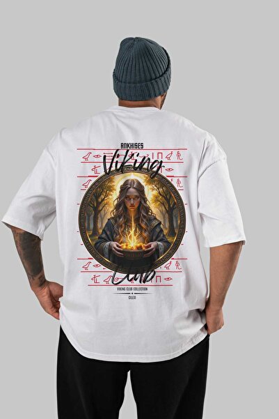 Ankhises Tricou Viking Mythology 17 cu imprimeu pe spate, alb, supradimension...