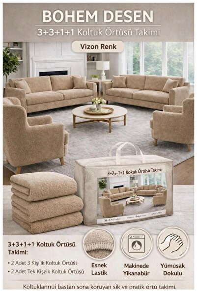 probak Bohem Desen krem Lastikli Koltuk Örtüsü 3+3+1+1 Takımı Esnek Lastikli ...