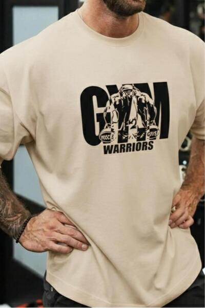 CAST COLLECTİON Men's Beige Gym Warriors Printed Oversize T-Shirt