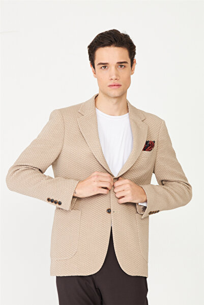 White Stone Beige Textured Modern Cut Buttoned Blazer Jacket