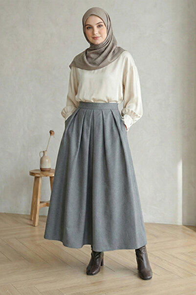 FERHEL Women's Pleated Hijab Skirt with Zipper Pockets - Gray