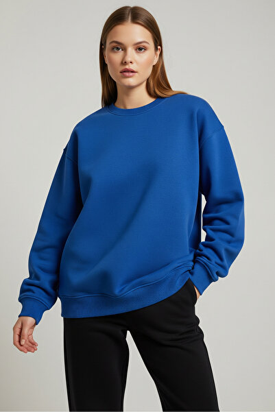 MAXIMILLIAN Women's Oversize Crew Neck Cotton Basic Sweatshirt Saks Blue