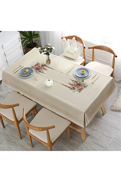 Burkan Kumaşçılık Keten Efekt Zeminli Çiçek Desen Runnerli Dertsiz Masa Örtüsü