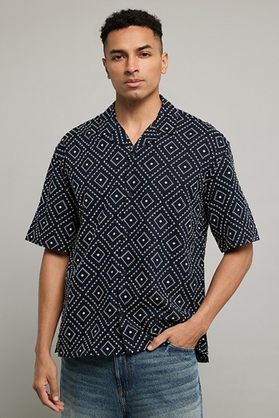 R&B Patterned Shirt With Revere Collar And Short Sleeves