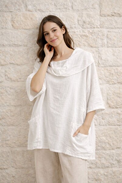 AGORATEKSTİL Women's Flared 100% Cotton Fabric Capri Sleeve Double Pocket Blouse