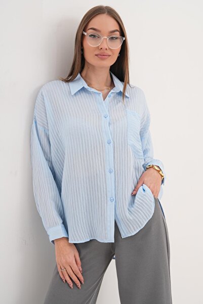 ŞİMAL Cămașă de damă cu mânecă lungă, cu model în dungi și detaliu cu un buzu...