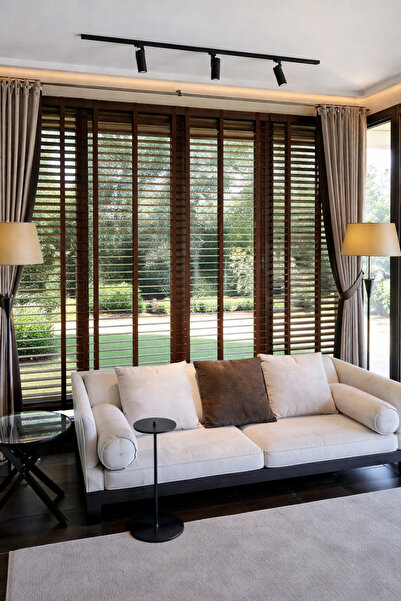 N.Luxury Ceviz 50mm %100 Gerçek Ahşap Jaluzi Perde – Redüktörlü Zincir Mekani...