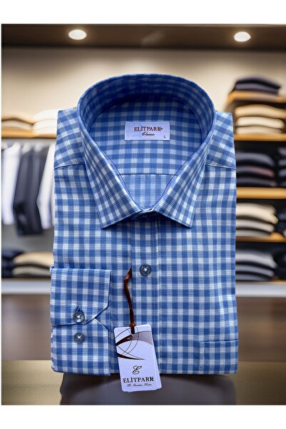 elitpark Mavi Ekose Pamuklu Erkek Gömlek