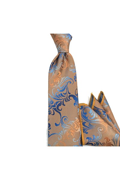 Sade Kravat Mustard Beige Blue Special Patterned Tie with Handkerchief 33030 ...