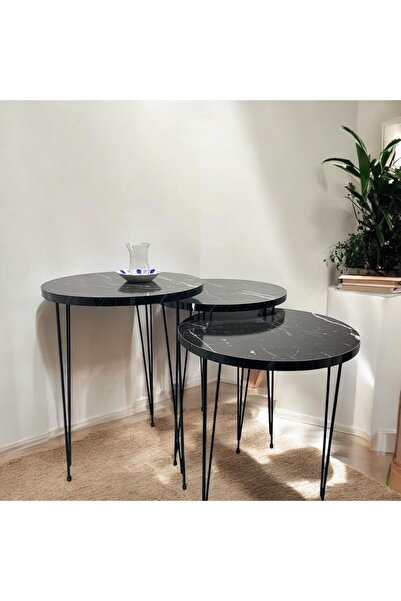 ADIM EBATLAMA Zigon Sehpa 3'lü Yuvarlak Model Metal Tel Ayak (SİYAH MERMER)