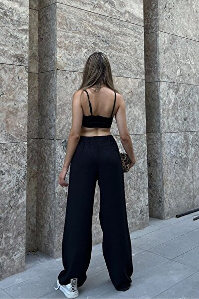LEONE KOLEKSİYON Black Linen Blend High Waist Elastic Waist Loose Cut Trousers