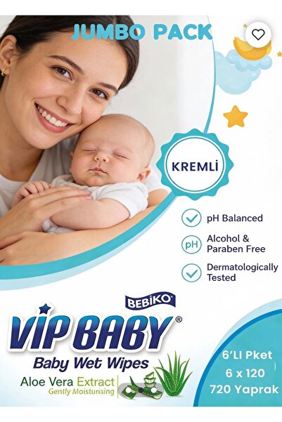 Bebiko Vip Baby Jumbo Pack Kremli Bebek Islak Mendil 120 Adet x 6