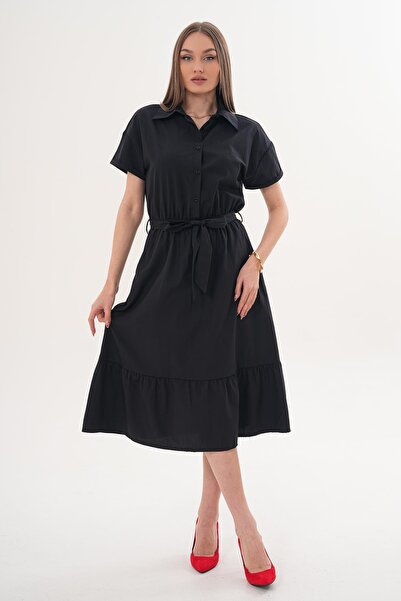 ŞİMAL Women's Collared Long Dress with Drawstring Waist Detail 260167 -