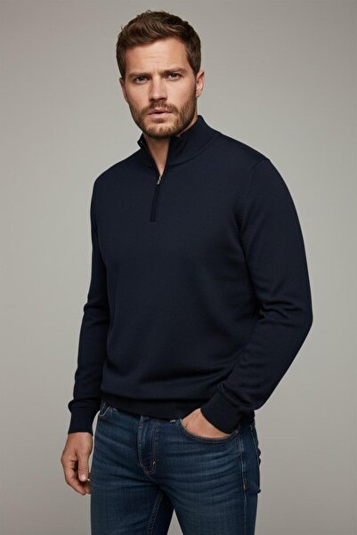 WEMSEY Zippered Half Turtleneck Wool Dark Navy Blue Knitwear Sweater