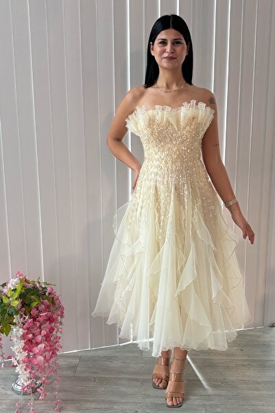 Always Dress Şampanya Rengi Straplez İşlemeli Elbise