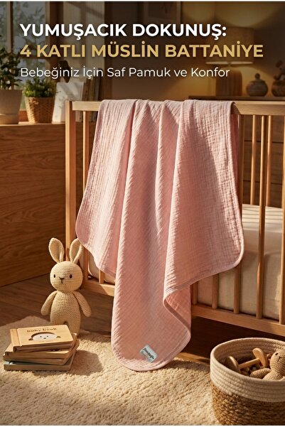 YUNUSOĞLU HOME Pembe 4 Katlı Müslin Bebek Battaniyesi Hafif ve Yumuşak Dokulu...