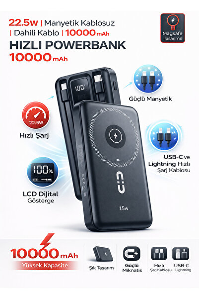 MO DOU 22.5W Hızlı Şarj 10.000 mAh Kablosuz Powerbank Dahili Kablolu Taşınabi...