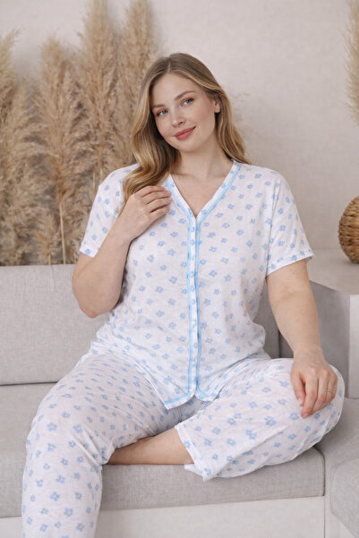 FORVENS Alaçatı Fabric Patterned Large Size Women's Short Sleeve Buttoned Paj...