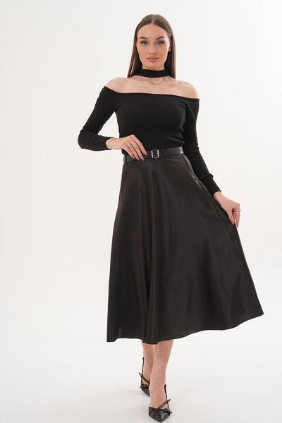 ŞİMAL Women's Belted Satin Long Skirt 260239 -