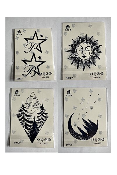 Airbrush Tattoo Güneş Yıldız 4 Adet Birden Minimal 1 Ay Kalıcı Yarı Kalıcı Ge...