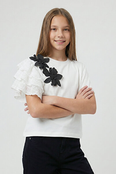 Dmb Girls' Ruffled Sleeve Floral Motif T-Shirt