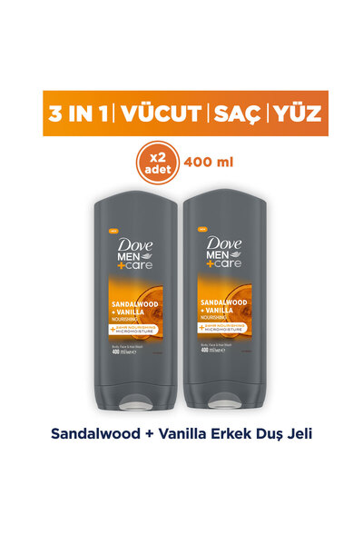 Dove Men +Care Duş Jeli Body, Face&Hair Sandalwood +Vanilla 400 ml x2