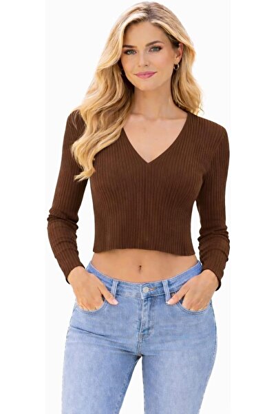 CHEVALIER FASHION Women’s Ribbed Knit Crop Top – Long Sleeve V-Neck Slim Fit ...