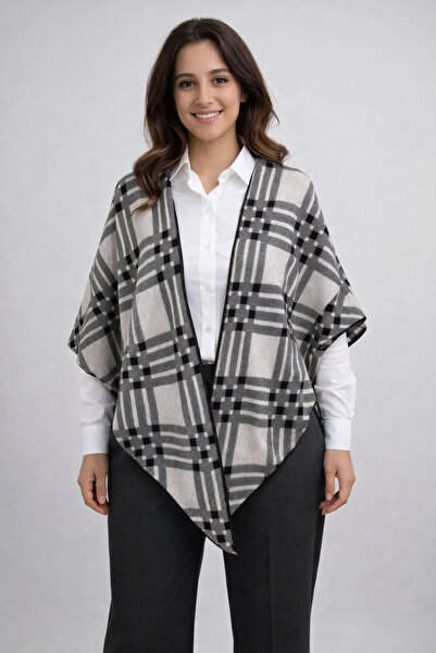 Sebir Moda Checkered Patterned Double-Sided Knitwear Triangle Shawl